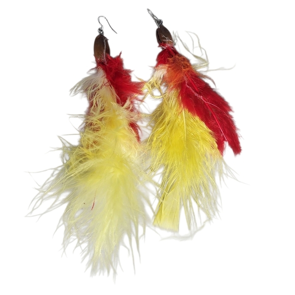 Silver Plated Red Yellow Feather Dangle Earrings - Picture 3 of 3